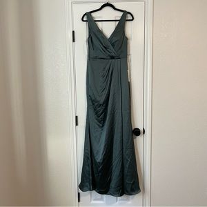 Revelry Satin Blair Dress Eucalyptus Size 6 V-neckline Flowing Faux-wrap.